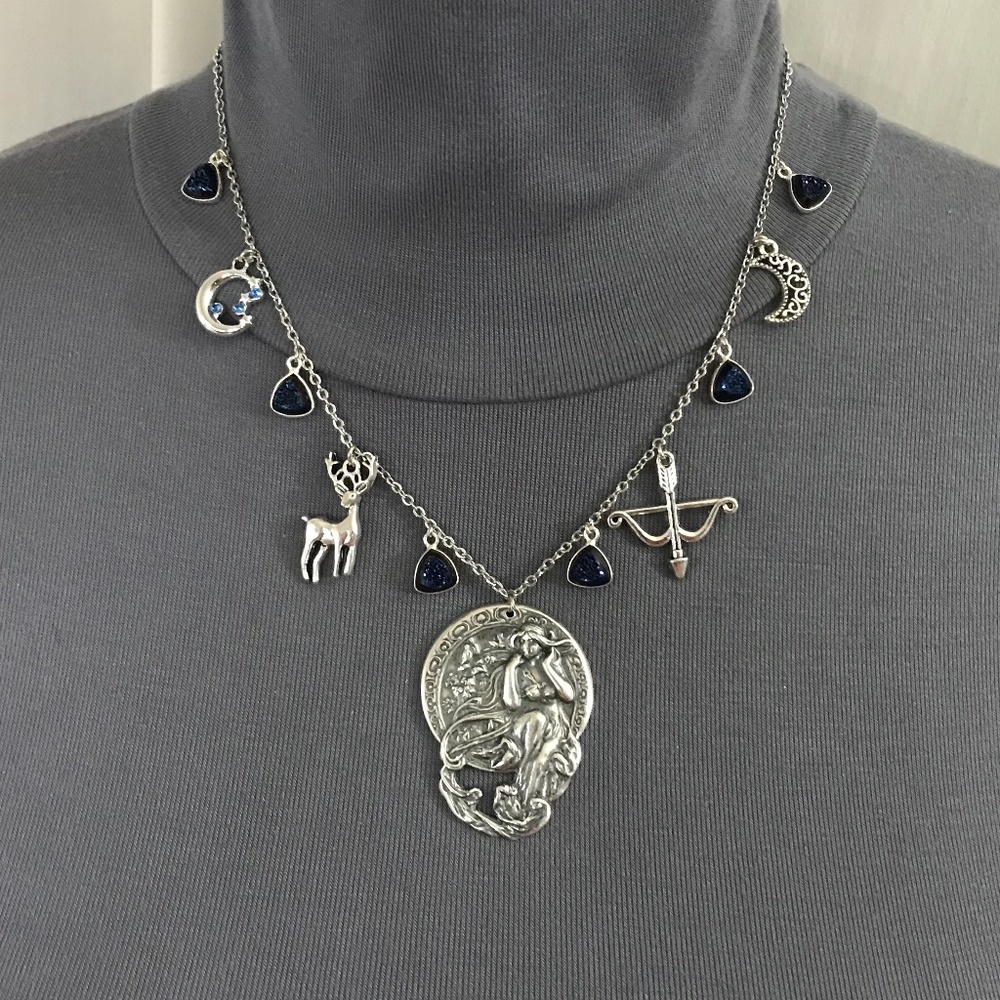 Artemis Diana Greek Roman Goddess of Moon & Hunt Handmade Necklace, Blue Druzy - Picture 7 of 16